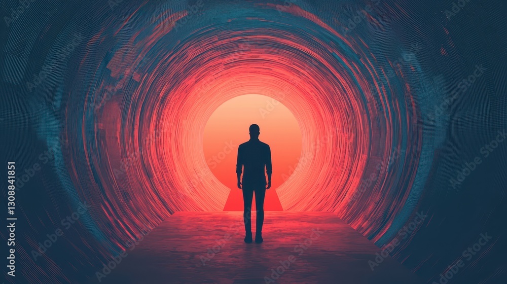 Man Standing at a Colorful Tunnel Entrance with a Circular Light in the Background Man Standing at a Colorful Tunnel Entrance with a Circular Light in the Background