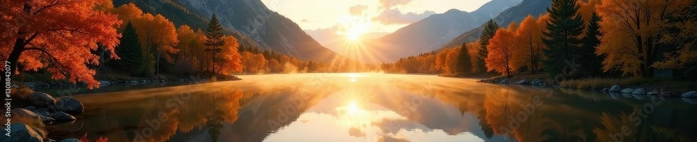 Golden hour light bathes Fish Lake's autumn foliage , hills, golden Golden hour light bathes Fish Lake's autumn foliage , hills, golden