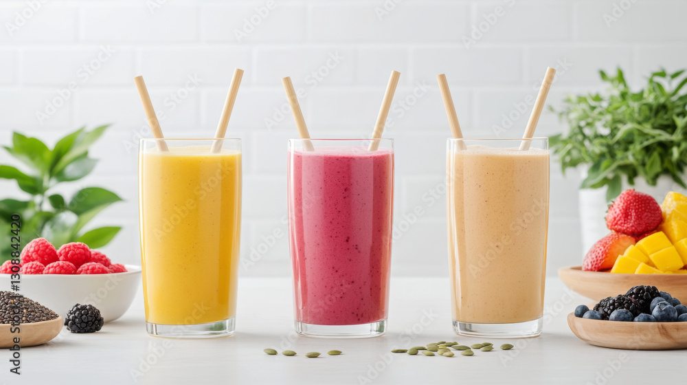 Fototapeta premium Fresh fruit smoothies in clear glasses with straws, surrounded by berries and tropical fruits, create vibrant and healthy scene