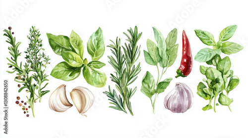 Vector illustration, watercolor painting of variety of herbs, isolated on a white background