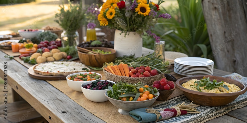 Fototapeta premium Plant Based Vegan Healthy Food Concept. Abundant Vegan Farm-to-Table Spread: A feast for the eyes and soul, showcasing fresh, vibrant plant-based delights.