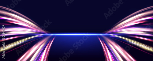 Futuristic high-speed light motion and abstract blue streaks represent the advancement of 5G and beyond technologies. Fiber optics and wireless data transmission enable faster connectivity.