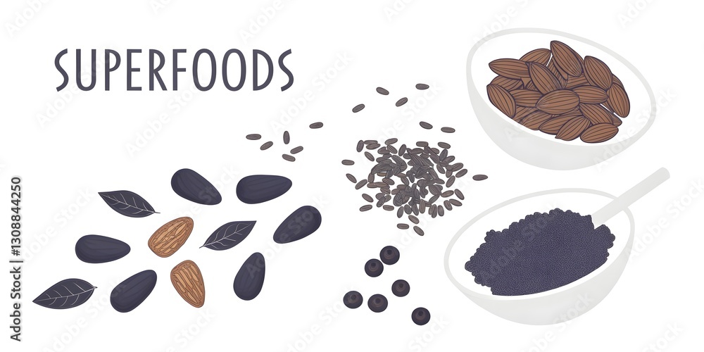 Obraz premium Plant Based Vegan Healthy Food Concept. Nourishing Superfoods: Almonds, seeds, berries—a vibrant flatlay showcasing nature's best.