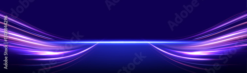 Neon stripes in the form of drill, turns and swirl. Illustration of high speed concept. Image of speed motion on the road. Abstract background in blue and purple neon glow colors.	