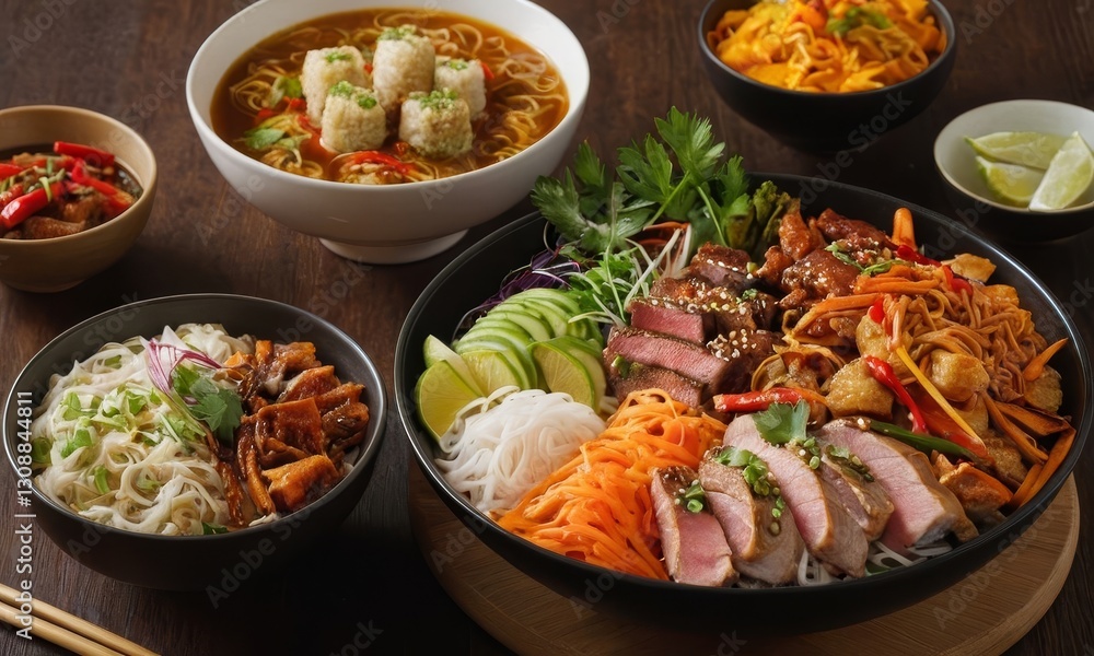 An Assortment of Delicious Asian Cuisine Featuring Noodles, Meats, and Vegetables Displayed in Various Bowls An Assortment of Delicious Asian Cuisine Featuring Noodles, Meats, and Vegetables Displayed in Various Bowls