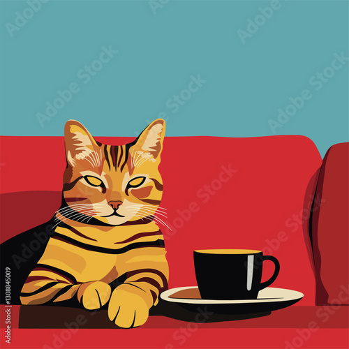 a cute cat sitting on the sofa with coffe, lazy feeling pop style

