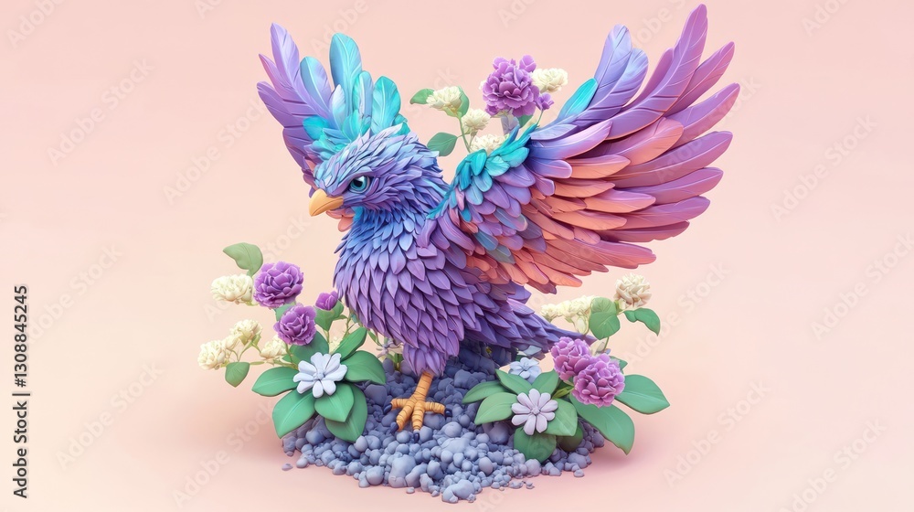 Obraz premium Pastel bird spring flowers digital art, pink background, nature illustration