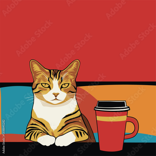 a cute cat sitting on the sofa with coffe, lazy feeling pop style

