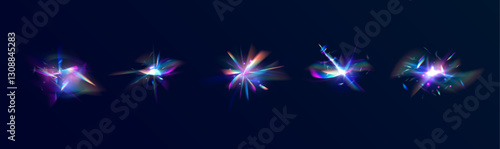 Set Rainbow crystal light leak flare reflection effect. Light streak overlay pattern designs. Defocused abstract retro film analog effect for using over photos as overlay or screen filter. 