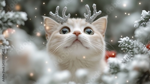 Festive Kitten with Glittery Antlers in Snowy Scene