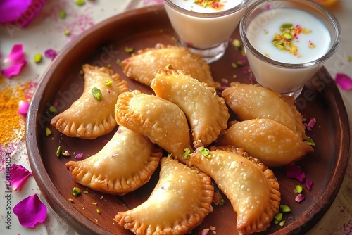 Golden Crispy Gujiya with Khoya Filling on Festive Holi Setup with Colors and Thandai