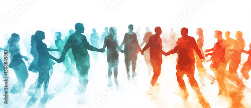 people holding hands in circle watercolor silhouette style
