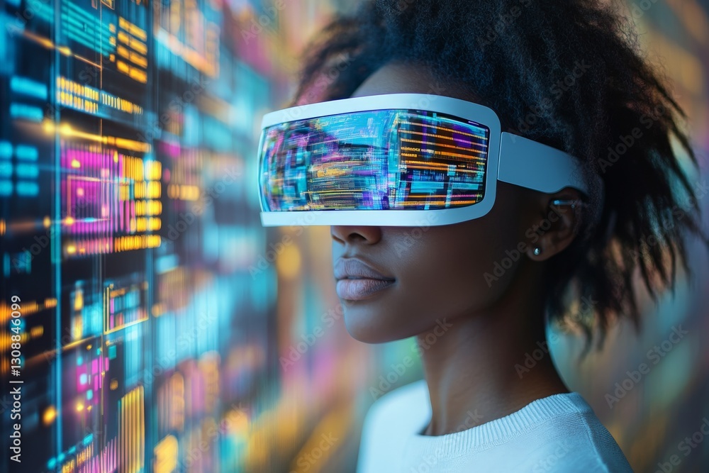 Innovative woman experiences virtual reality technology in futuristic environment with data visuals Innovative woman experiences virtual reality technology in futuristic environment with data visuals
