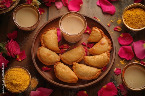 Golden Crispy Gujiya with Khoya Filling on Festive Holi Setup with Colors and Thandai