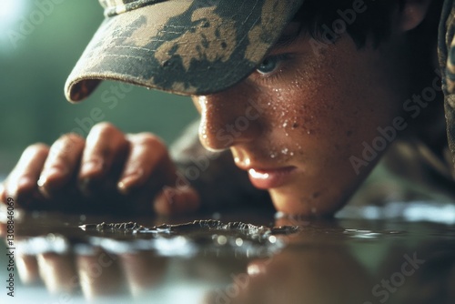 A hunter inspecting tracks in the mud near a forest stream, with a keen look of concentration