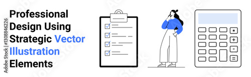 Woman contemplating ideas beside a checklist clipboard and calculator symbolizing productivity, planning, and logic. Ideal for business tools, workflow strategy, time management, analytics