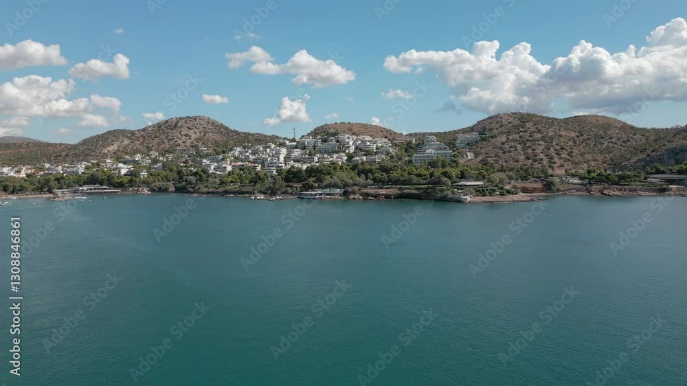 Greek Mansions Overlook Vouliagmeni Bay In Athens Greece Drone Track In 4K 60FPS Greek Mansions Overlook Vouliagmeni Bay In Athens Greece Drone Track In 4K 60FPS