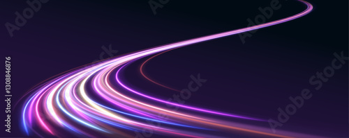 Abstract image of speed motion on the road. Dark blue abstract background with ultraviolet neon glow, blurry light lines, waves. Expressway, car headlight effect.	