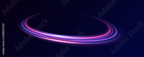 Abstract image of speed motion on the road. Dark blue abstract background with ultraviolet neon glow, blurry light lines, waves. Expressway, car headlight effect.	