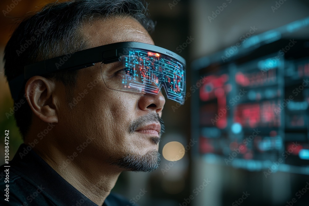 Man wearing augmented reality glasses while working on digital interface in a modern office environment Man wearing augmented reality glasses while working on digital interface in a modern office environment