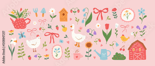 Cute cottagecore illustrations. Hand drawn flowers, bows, barn, goose, chicken,butterfly, garden tools, birdhouse. Gardening and country lifestyle. Spring summer stickers. Vector flat illustration.