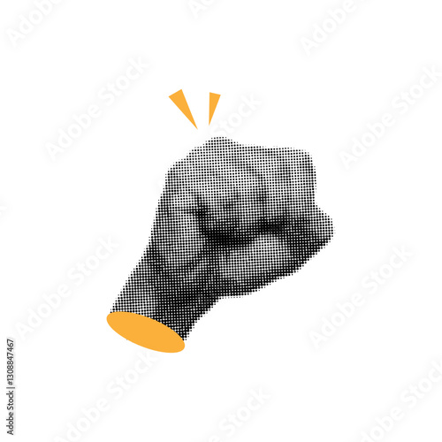 Trendy fist hand gesture in retro halftone style,cut out from magazine