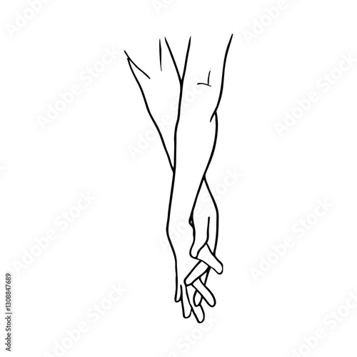 clasped hands of two people from shoulders to interlocked fingers - line art drawing