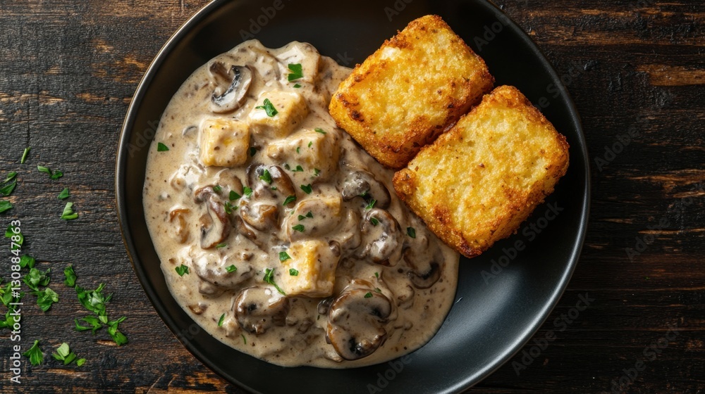 Zürcher Geschnetzeltes with creamy mushroom sauce and crispy potato rösti, a classic Swiss dish served on a black plate, rich and comforting meal garnished with fresh parsley on a rustic wooden table Zürcher Geschnetzeltes with creamy mushroom sauce and crispy potato rösti, a classic Swiss dish served on a black plate, rich and comforting meal garnished with fresh parsley on a rustic wooden table