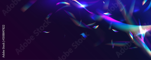 Holographic falling confetti glitters isolated on transparent background. Crystal light leak effect for photo overlay. Ethereal Lens rainbow light streak transparent effect.	