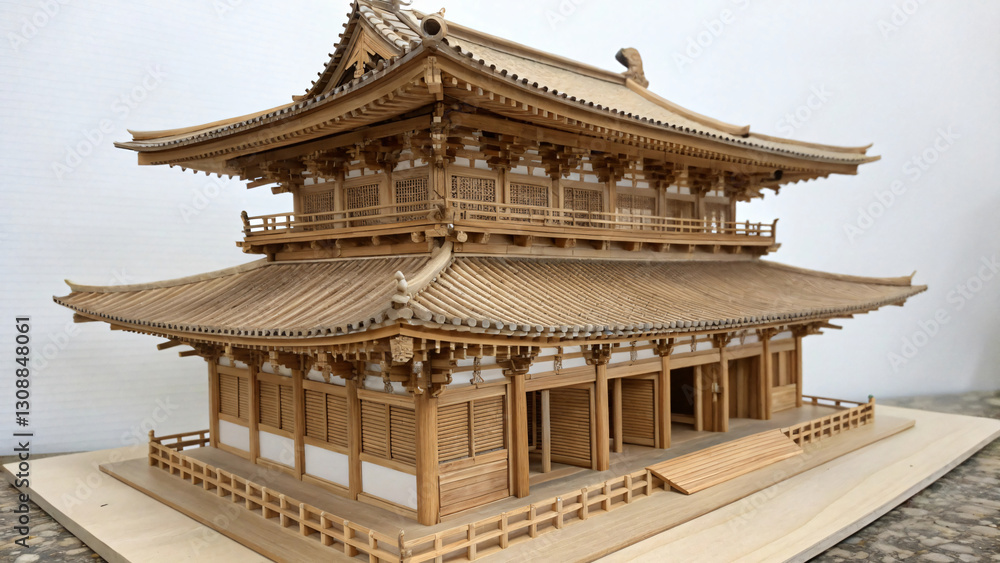 Traditional Japanese Wooden Temple Model with Intricate Details and Craftsmanship Traditional Japanese Wooden Temple Model with Intricate Details and Craftsmanship