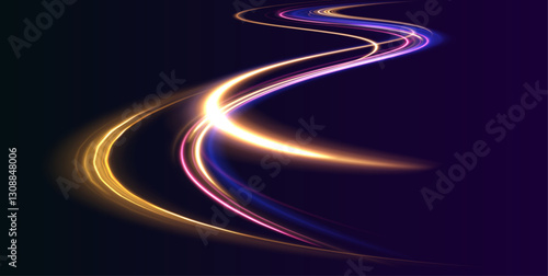 Rotating dynamic neon circle. Colored shiny sparks of spiral wave. Lines in the shape of a comet against a dark background. The effect of energy and speed. Vector.	