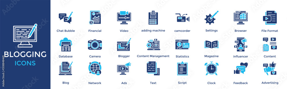 blogging icon set. with icon Financial, Video, adding machine, camcorder, Settings, Browser blogging icon set. with icon Financial, Video, adding machine, camcorder, Settings, Browser
