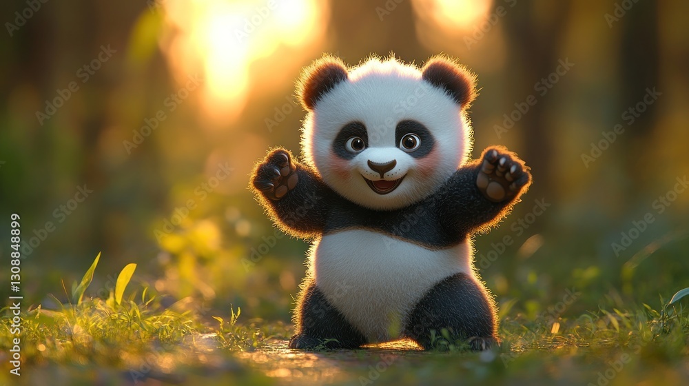Cute panda cub in a forest clearing at sunset Cute panda cub in a forest clearing at sunset