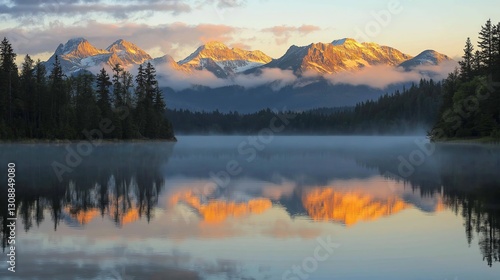 A misty alpine lake at sunrise, mirroring snow-capped peaks with golden light