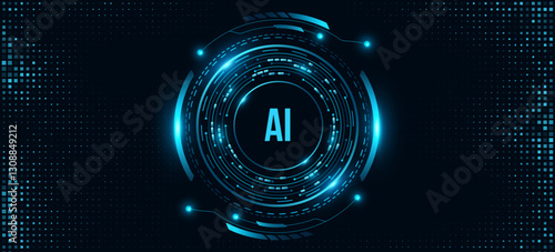 Glowing HUD circle with circuit board and electronic details on dark backdrop with dotted halftone effect. Futuristic FinTech AI background. Elements for UI and GUI design. Vector illustration. EPS 10