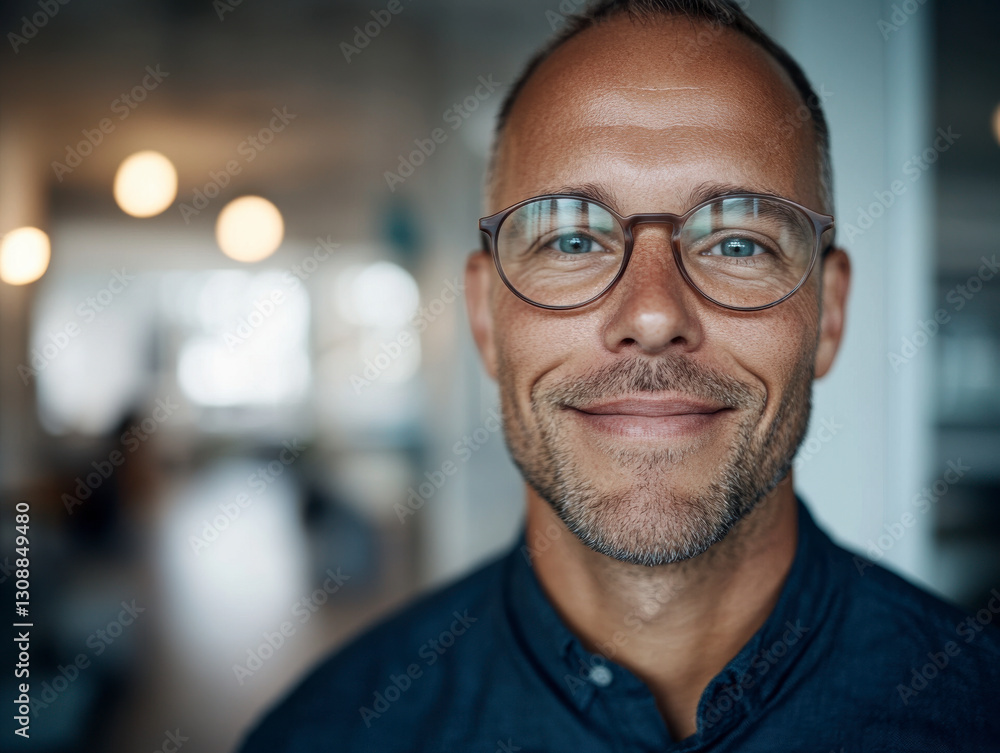Portrait of a man with glasses smiling in a contemporary workspace. Portrait of a man with glasses smiling in a contemporary workspace.