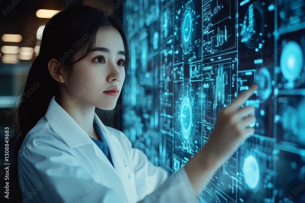 Young scientist analyzes data on a futuristic digital interface in a modern research lab Young scientist analyzes data on a futuristic digital interface in a modern research lab