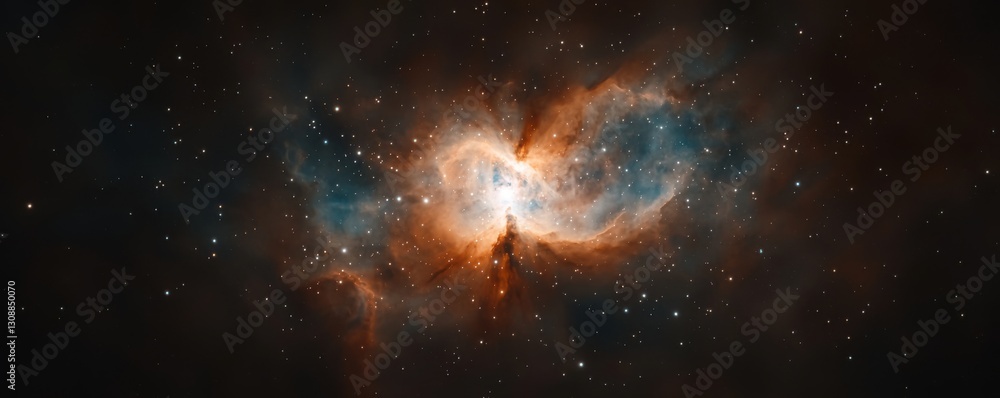 Naklejka premium A breathtaking cosmic scene showcasing a vibrant nebula with swirling colors of orange and blue against a backdrop of stars.