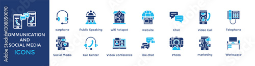 communication and social media icon set. with icon Public Speaking, communication, wifi hotspot, website, Chat, Video Call