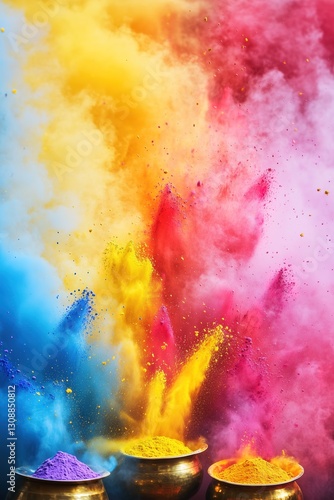 Vibrant Holi Festival Banner with Colorful Gulal Explosion and Celebratory Silhouettes in the Background