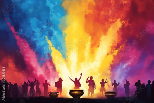 Vibrant Holi Festival Banner with Colorful Gulal Explosion and Celebratory Silhouettes in the Background