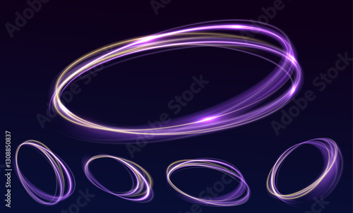 Futuristic glowing circle frames set, bright colors and smooth transitions. Neon light effect with radiant halo flare and digital 3D design. Abstract magic portal with luminous energy. 