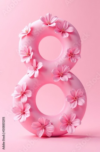 Realistic number 8 made of soft material with small pink flowers on a soft pink background. Women's Day concept, March 8