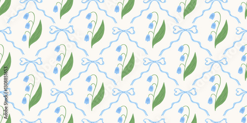 Floral trellis seamless pattern with bows and ribbons. Hand drawn lily of the valley flowers. Summer spring background. Vector design for fabric, wallpaper or wrapping paper.