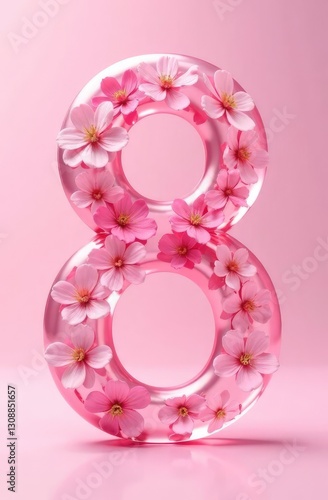 Realistic number 8 made of water with small pink flowers on a soft pink background. Women's Day concept, March 8