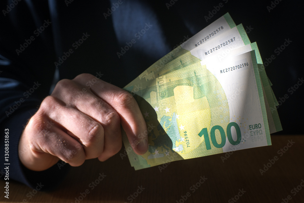 Man holding money in hand, euro currency.