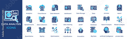 data analysis icon set. with icon Analytics, Cloud Server, Data Network, dashboard, Data Storage
