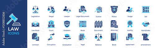 law icon set. with icon Legislation, Illegal, Lawyer, Legal Document, Justice