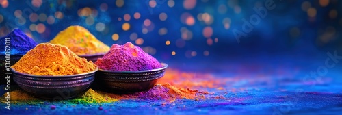 Vibrant Holi Color Powders in Bowls on Deep Blue Background for Festive Celebration Banners