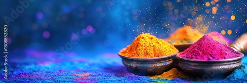 Vibrant Holi Color Powders in Bowls on Deep Blue Background for Festive Celebration Banners